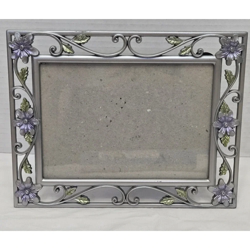 Vintage Ornate Silver Metal 5x7 Picture Frame with Purple Enamel Flowers